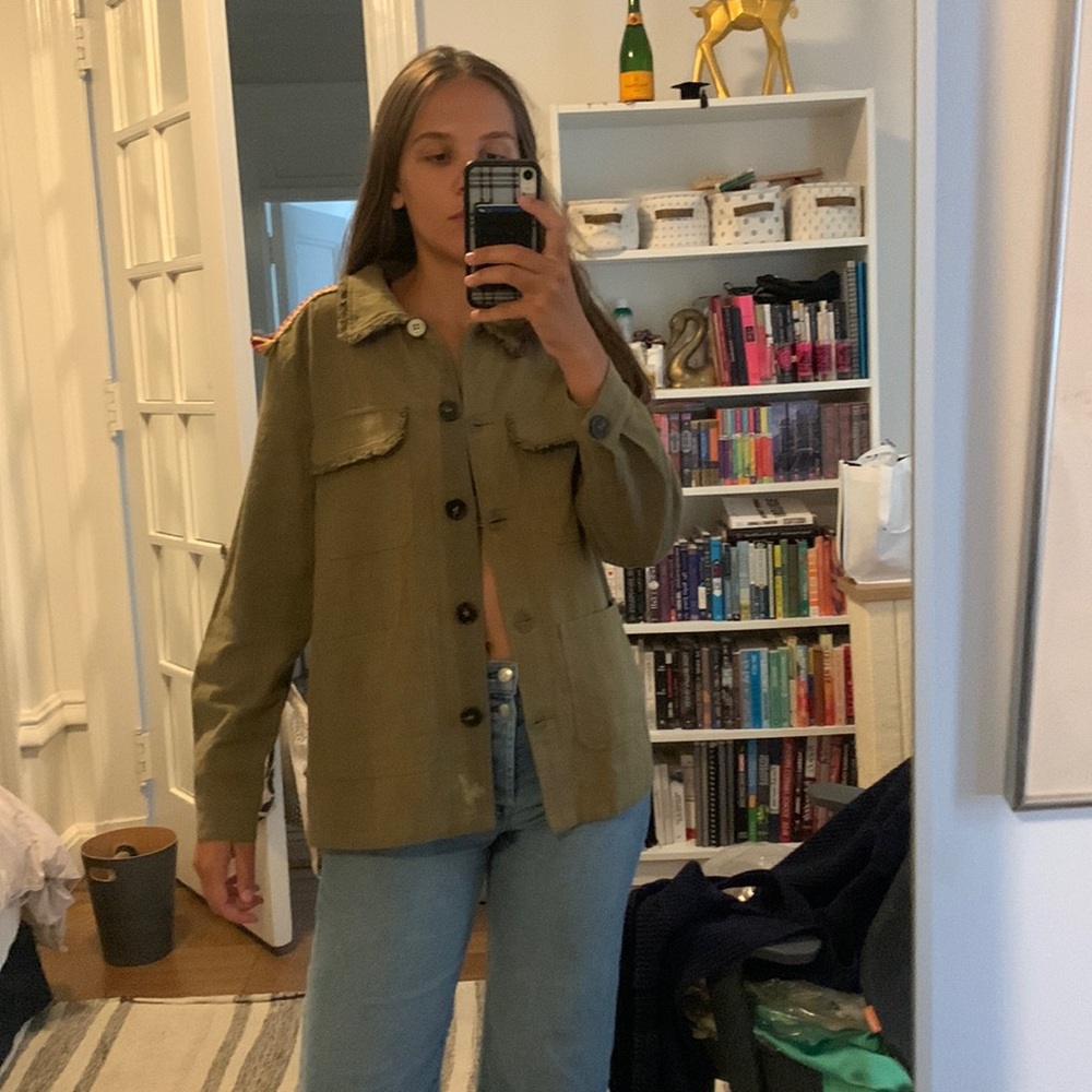 Army green jacket/top with rainbow shoulder pads - S